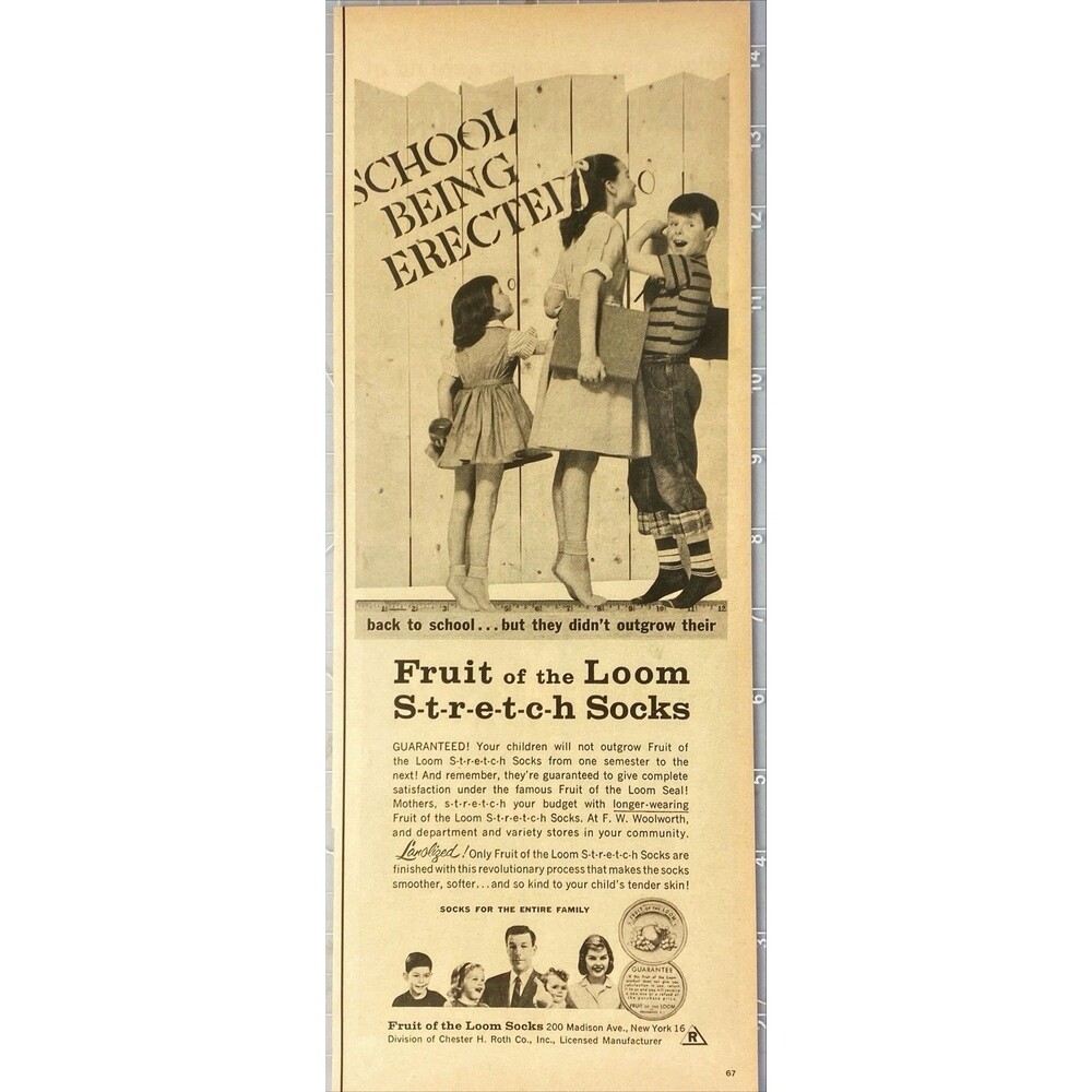Fruit of the Loom Stretch Socks "They do not Outgrow These"Vintage Print Ad 1957